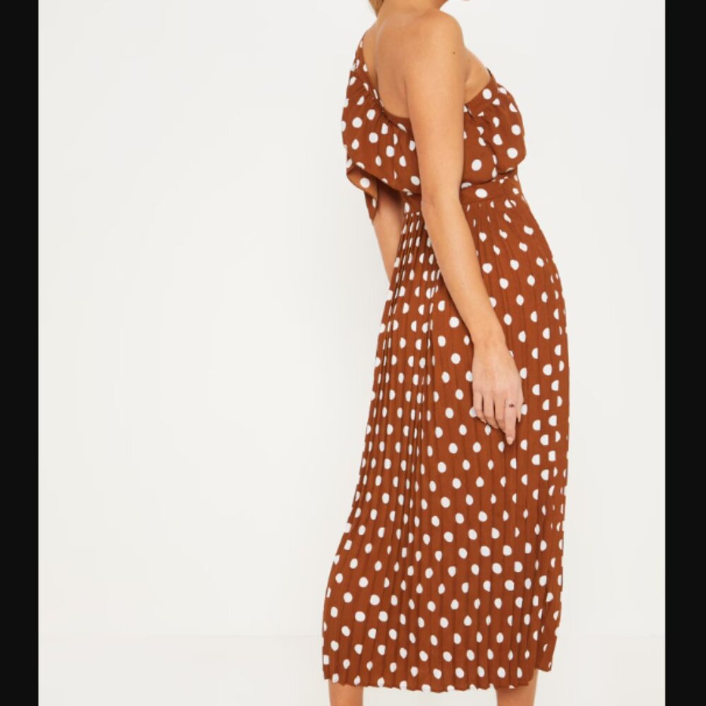 English Factory Brown Polka Dot One-Shoulder Pleated Midi Dress